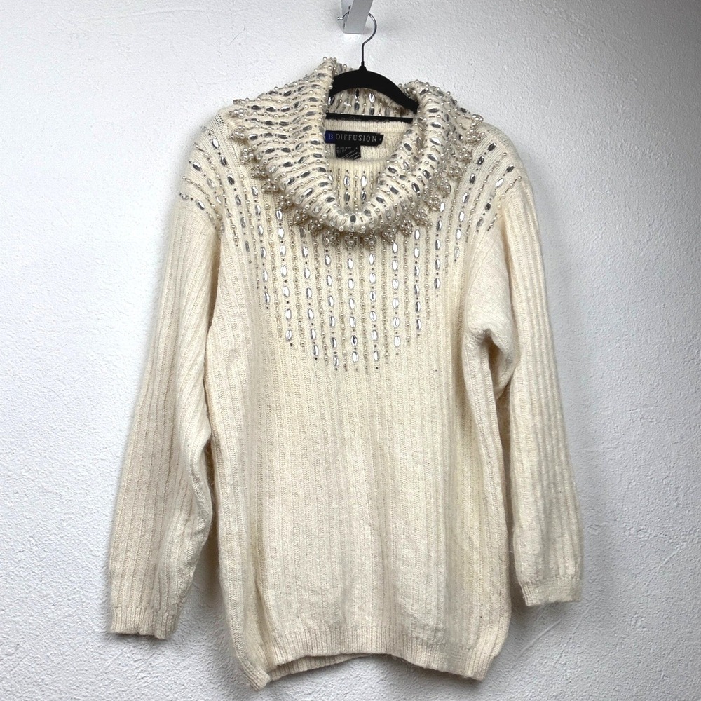 IB Diffusion Cream Beaded Cowl Neck Sweater - S - Vintage Silk Angora 90s Glam